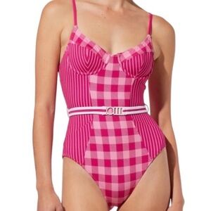NWT SOLID & STRIPED the spencer belted Swimsuit in stripe/gingham orchid size S